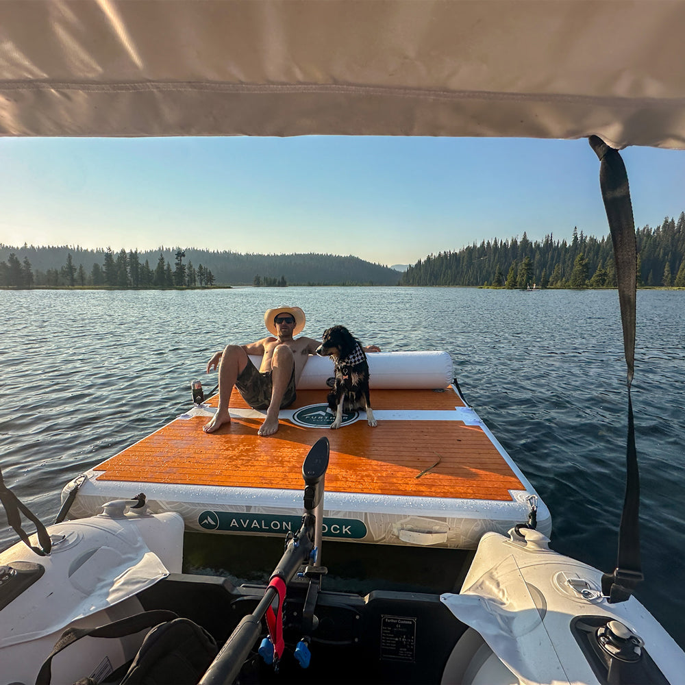 Further Customs 778 Avalon Dock Inflatable Yacht Swim Platform Floating Dog Friendly popup dock Pop Up Deck Package Best Towed by eLite ePropulsion Electric Outboard Engine in Hosmer Lake Oregon