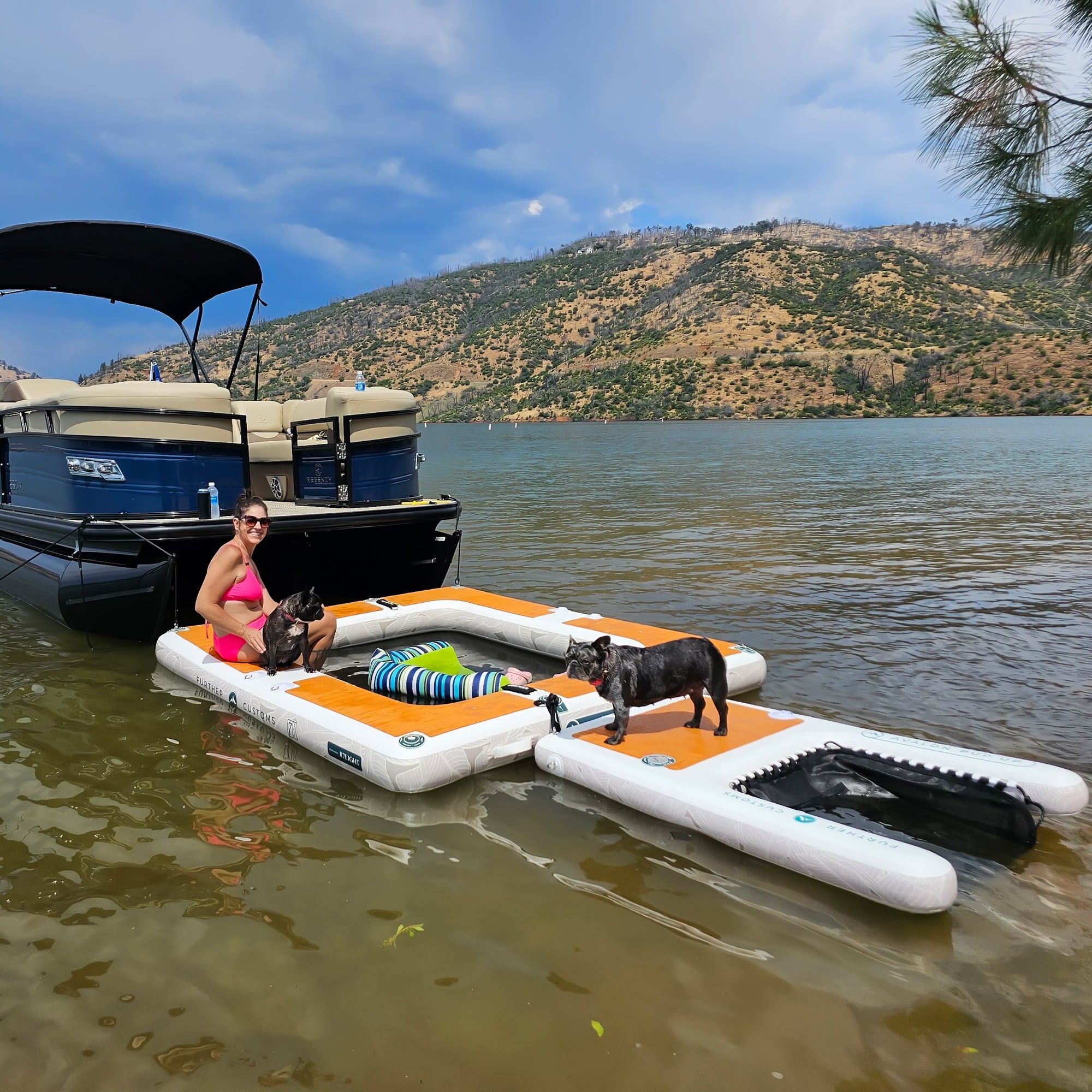 Further Customs 878 Avalon Pad Water Hammock Floating Swim Platform Inflatable Lounge and Pup Up Dog Ramp with Pontoon Boat on Freshwater Lake