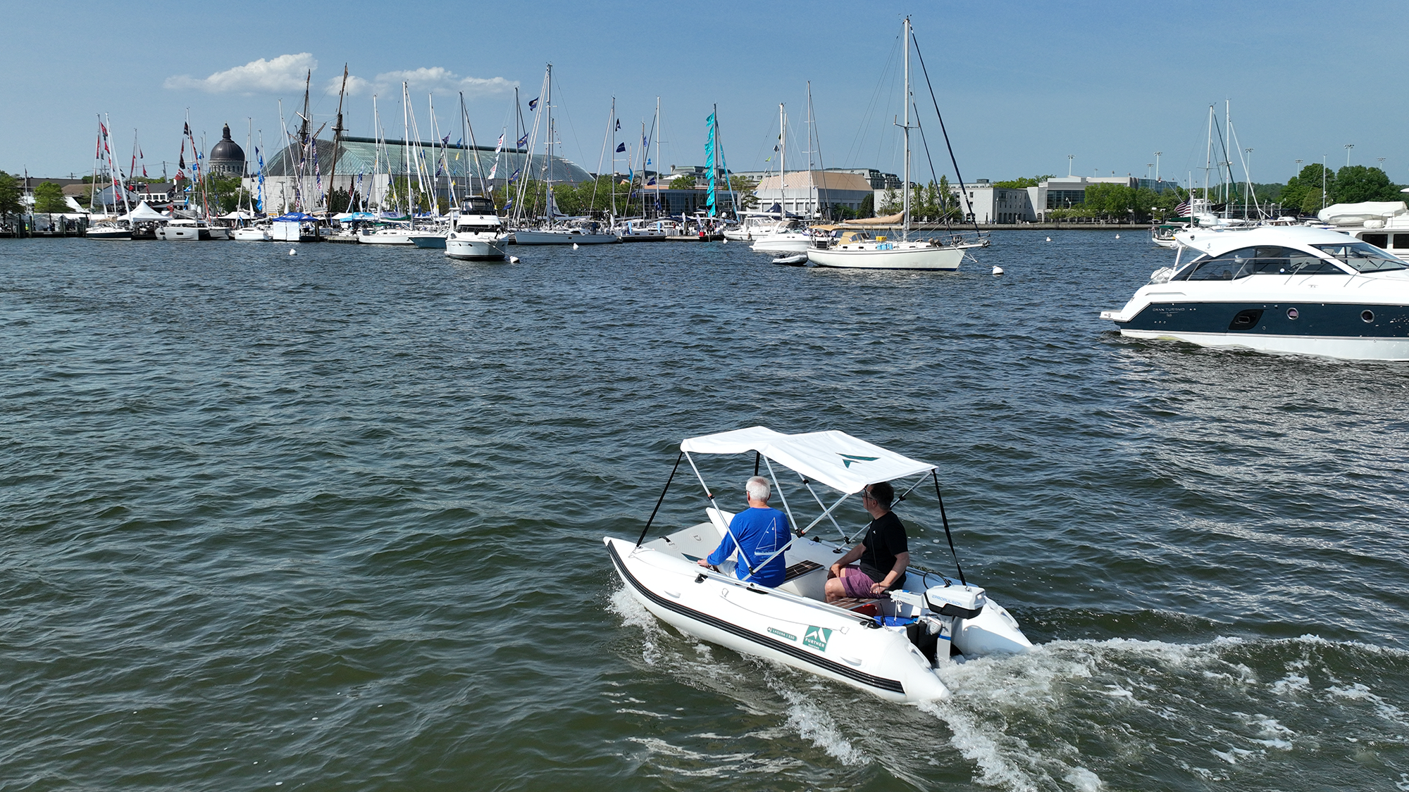 Further Customs Annapolis Sailboat Sail Boat Show Downtown Maryland City Docks Ego Alley Powerboat Power Laguna 330 Inflatable Catamaran