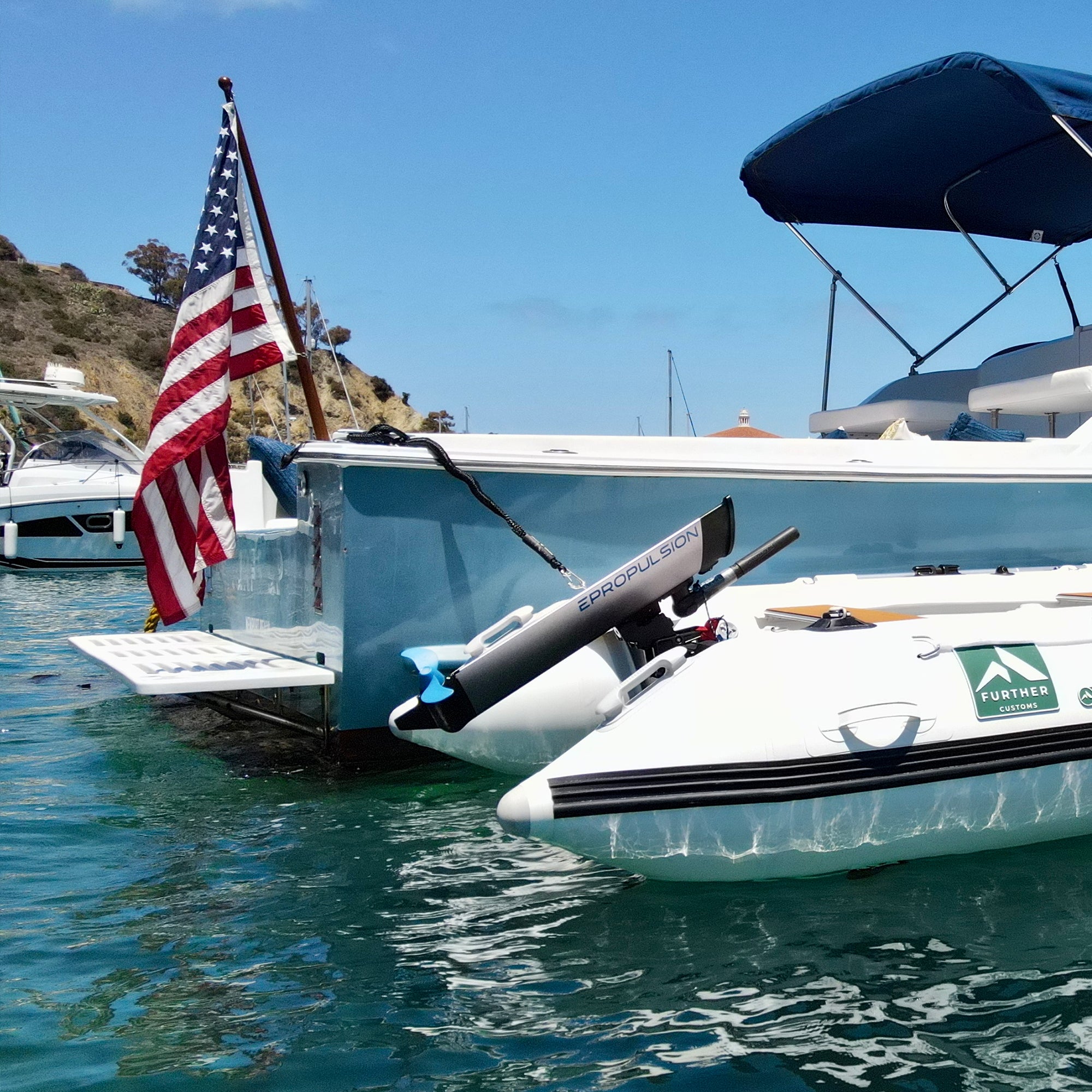 Further Customs Inflatable Boat Tender Dinghy Catalina Island Avalon elite epropulsion electric outboard engine