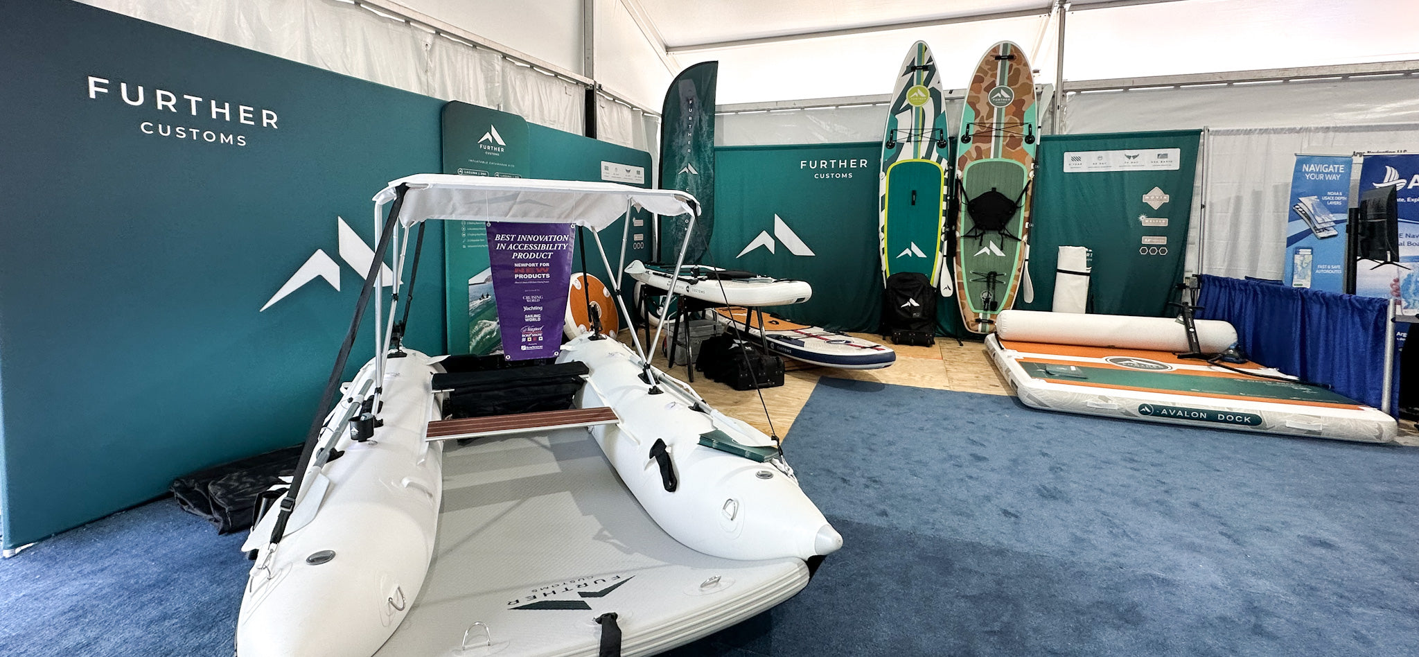 Further Customs Annapolis Sailboat Sail Boat Show Downtown Maryland City Docks Ego Alley Powerboat Power Laguna 330 Inflatable Catamaran Booth Tradeshow