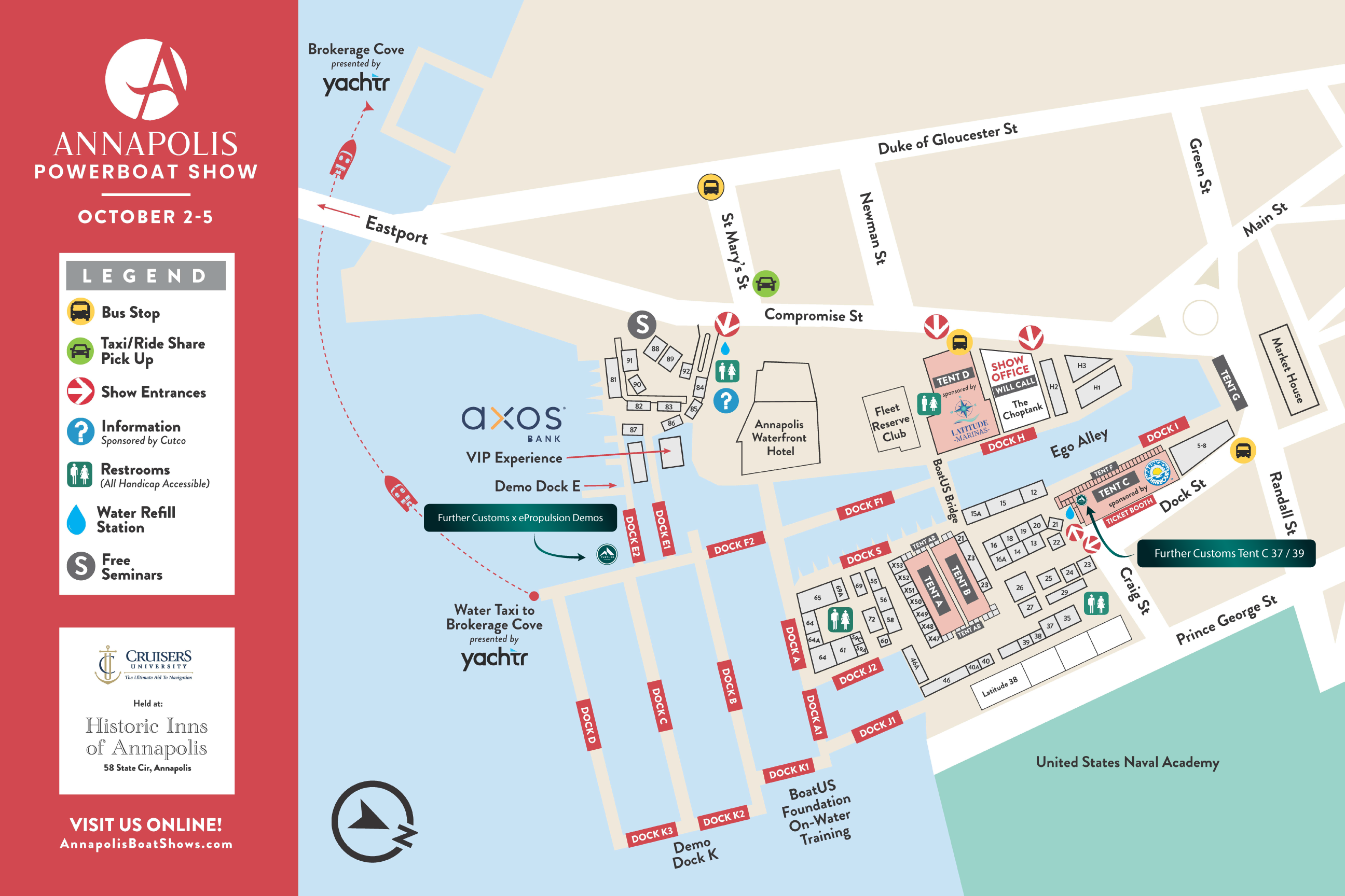 Map of Annapolis Power Boat Show with event details for the Annapolis Powerboat Show on a red and blue background. Booth