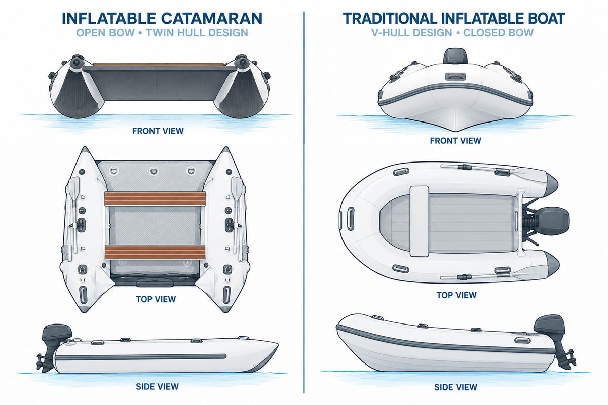 Comparison of Dual Twin Hull Inflatable Catamaran versus Tradition V Hull Design