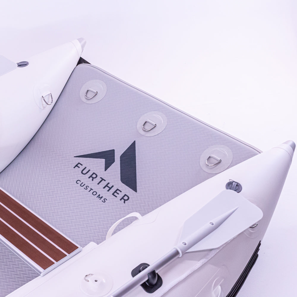 Further Customs Laguna 330 Inflatable Catamaran Kit Bow Closeup Front of Boat Open Landing Craft Style Easy Exit and Reentry Best Boat for Diving and Snorkeling