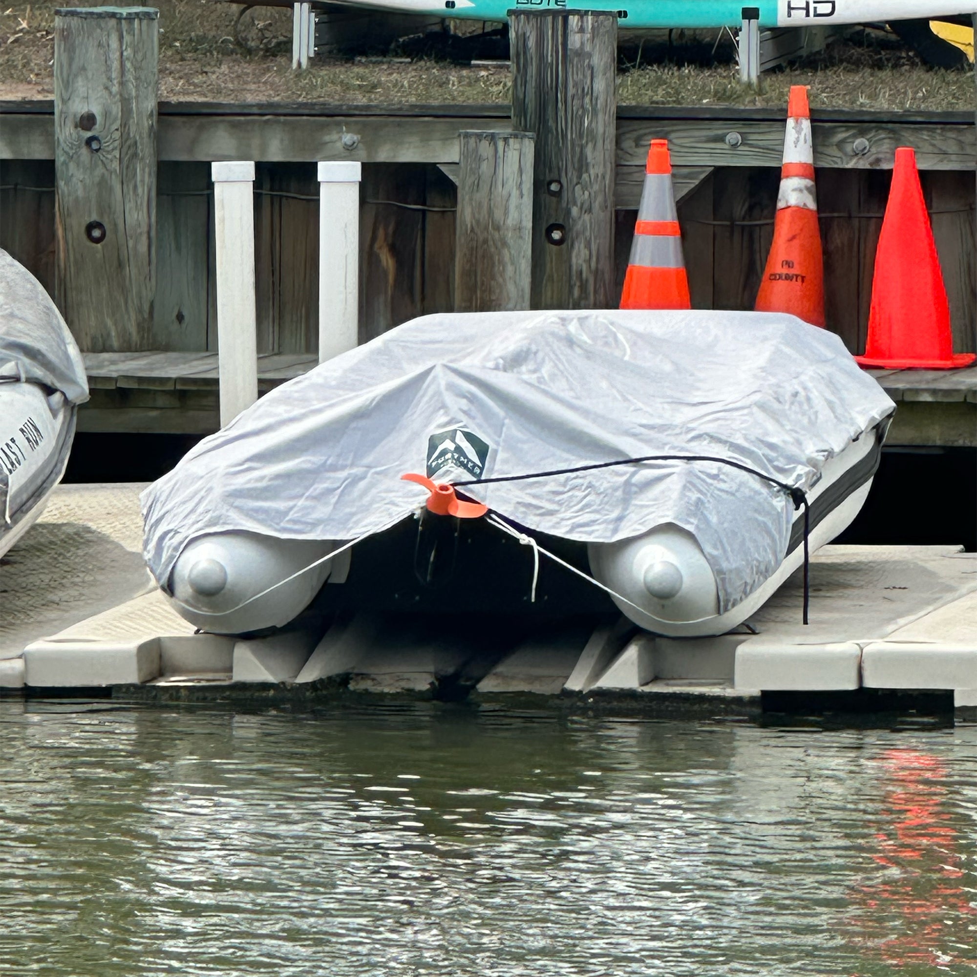 Further Customs Laguna Catamaran Inflatable Dinghy Tender UV Cover on Floating Dock