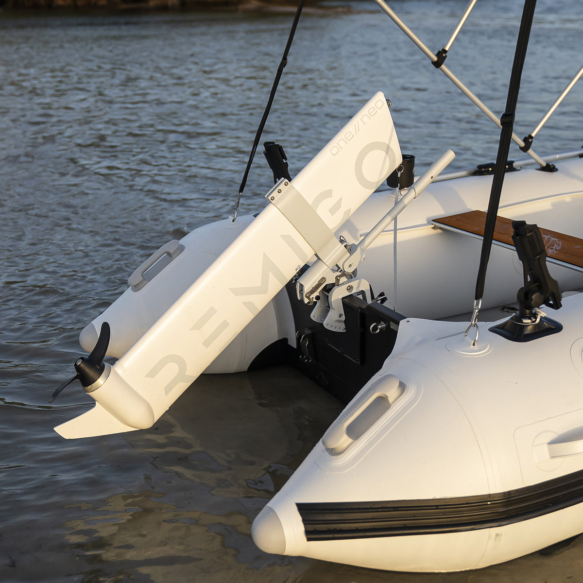 Title angle of remigo one neo engine when beaching Laguna inflatable catamaran boat dinghy tender