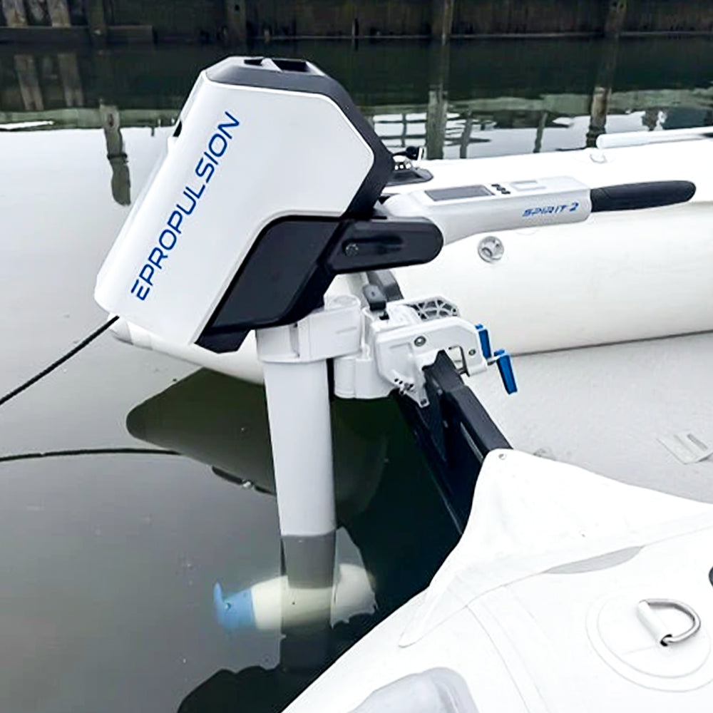 Boat motor with ePropulsion branding on an inflatable catamaran boat dinghy Laguna catamaran