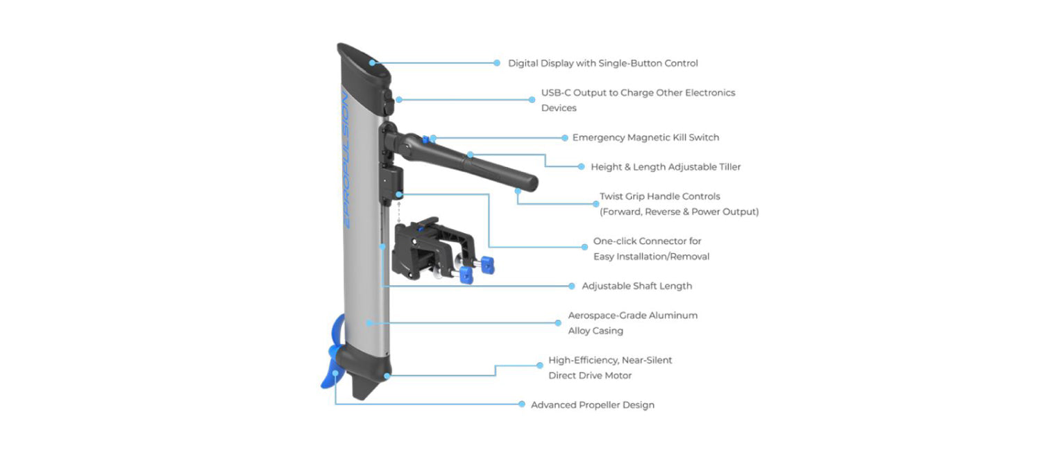 Further Customs eLite ePropulsion Electric Outboard Engine Feature Adjustable Shaft Length Tiller Height